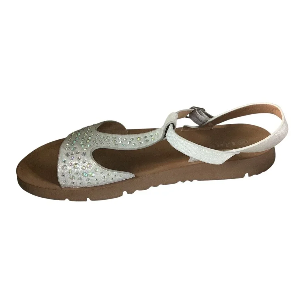 Link Comfort Girls White Rhinestone T-Strap Sandals Sz 3 Adjustable Buckle Strap